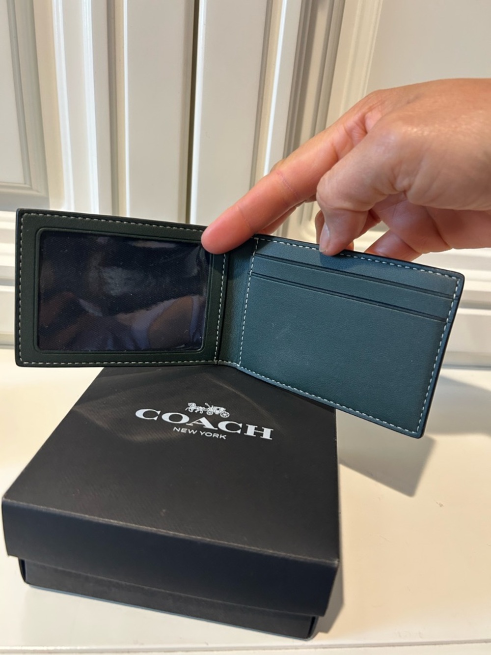 Coach Men's Bi-Fold Card Holder in Teal and Brown Signature Print - Picture 2 of 3